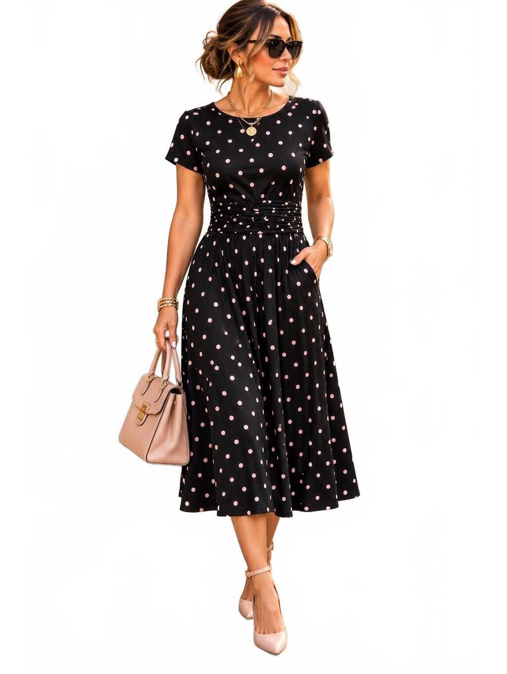 Boden Amelie Pink and Black Polka Dot Timeless Jersey Knit Dress-8R